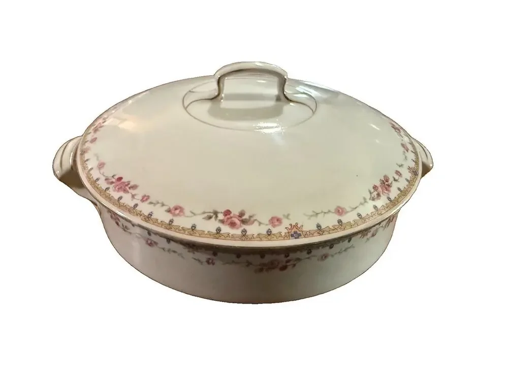 Antique J&G Meakin Hanley England Covered Vegetable Bowl Pink Rose Garland 8